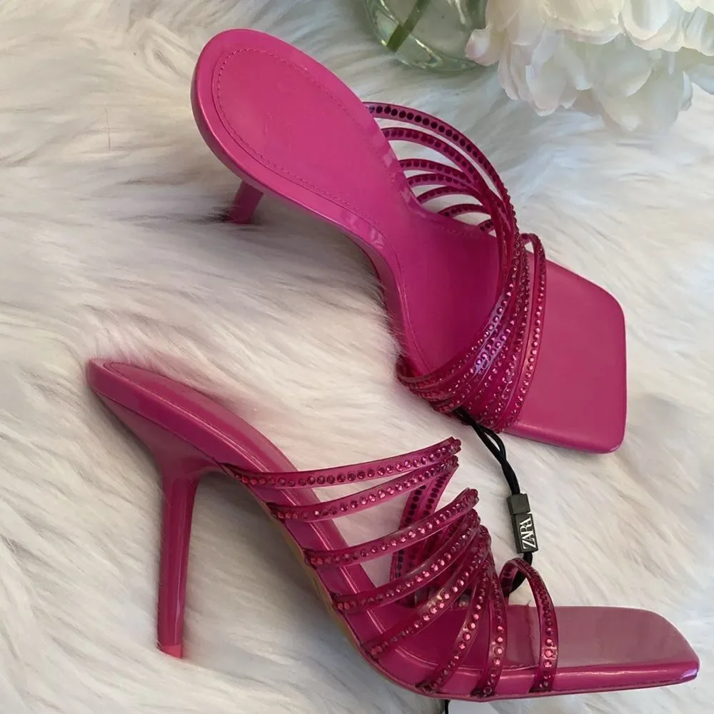 Zara Vinyl Pink Rhinestone Squared Toe High Heels Dress Sandals Shoes Size 8 - Picture 11 of 13